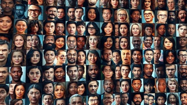 Array of faces illustrating super-recognizers face recognition technology.