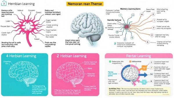 Scientific diagrams illustrating Hebbian learning, memory, perception.