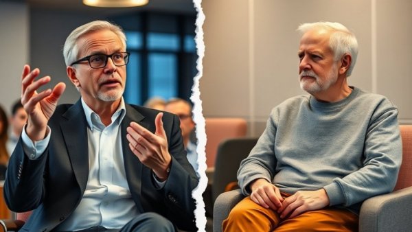 Two older men in a split-screen image, discussing topics.