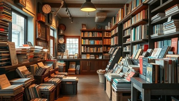 Books in baskets at Recycled Reads Bookstore before closure.
