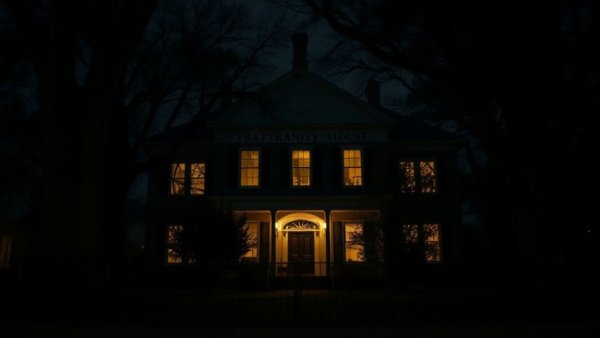Nighttime view of fraternity house at University of Houston