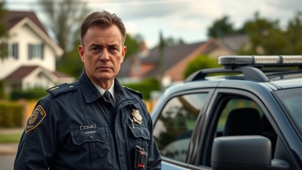 Police officer discussing San Antonio crime reports outdoors.