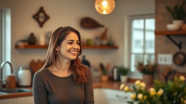 Woman in a cozy kitchen, embodying culinary magic from ordinary ingredients.