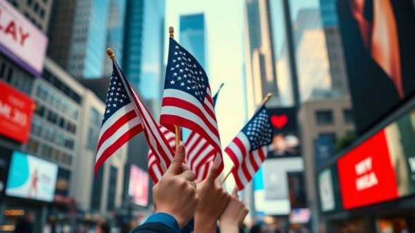 Vibrant American flags held up in a city, America still has a heart.