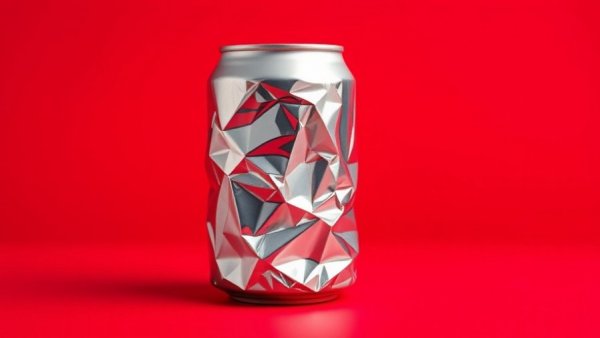 Crumpled silver soda can on vibrant red background, highlighting contrast.