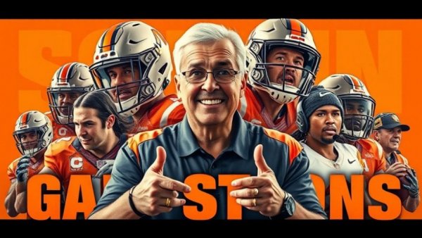 Dynamic sports collage with football players and coach, vibrant orange backdrop.