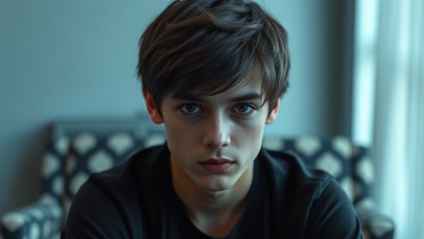 Young person indoors with a serious expression, soft natural light.