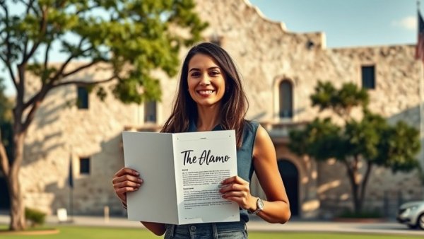 Woman with The Alamo document smiling outdoors, modern building background.