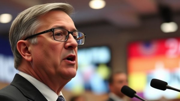 National political news: Male speaker delivering speech indoors.