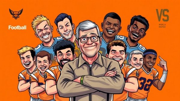 Dynamic collage with football players and coach, bold orange sports theme.