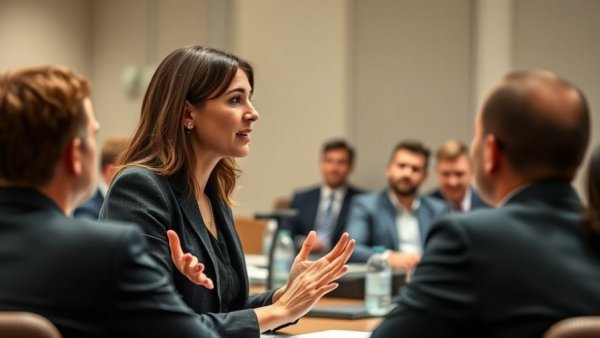 Engaged speaker discussing changes at education department meeting.