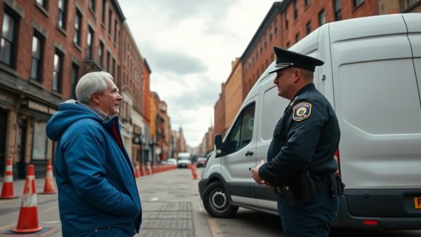Street scene of a uniformed officer talking to a person by a van for national news headlines.