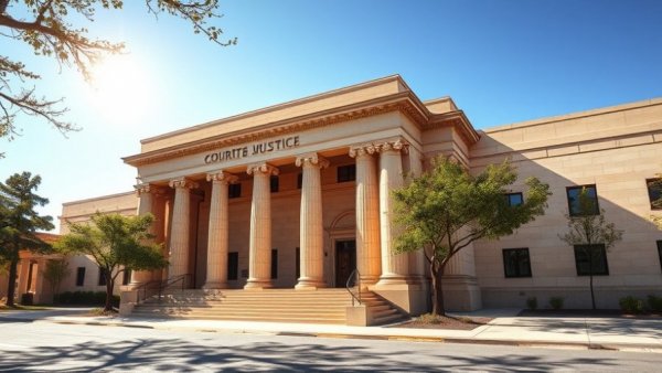 Texas redistricting blocked at the courthouse entrance, sunlit stone facade.