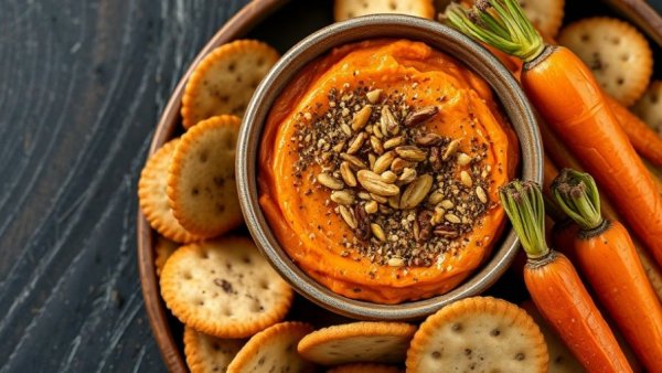 Healthy Za'atar roasted carrot dip with crackers and carrots, overhead view.
