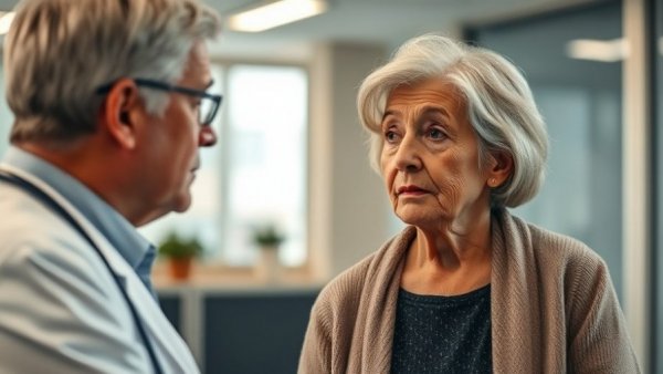 Older woman discusses health concerns with a doctor in a medical office.