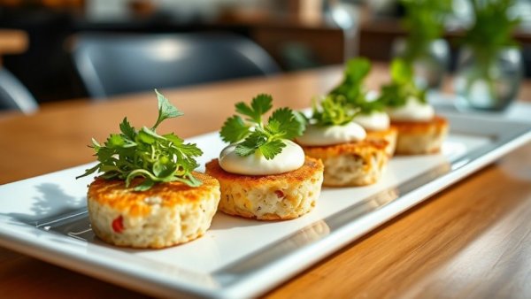Appetizing easy mini crab cakes recipe with garnish on a platter.