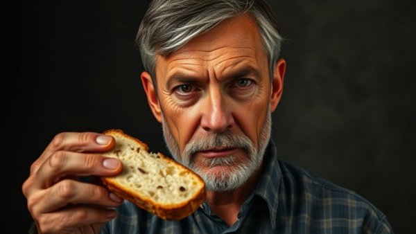 Middle-aged man holding bread, symbolizing dangerous food for gut health.