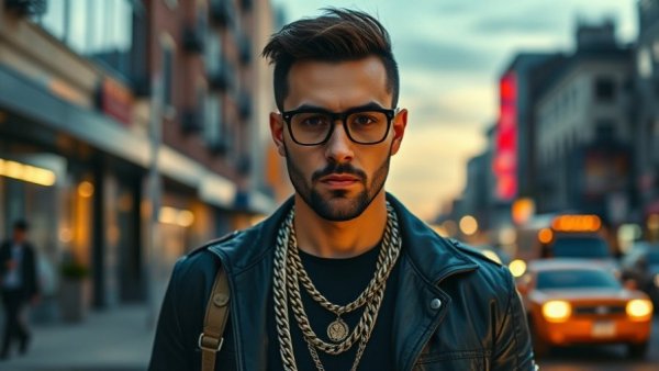 Stylish man with sunglasses wearing chains outdoors, vibrant background