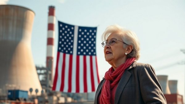 Power plant with American flag symbolizing U.S. energy policy.
