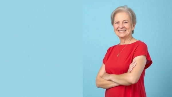 Mental health techniques with smiling woman in a red dress on a blue background.