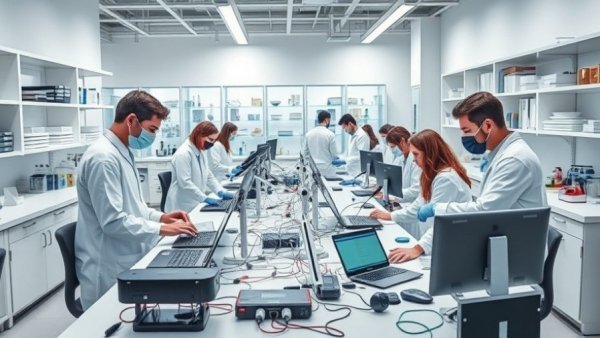 Researchers in a lab testing movement-generated sound for rehabilitation with equipment.