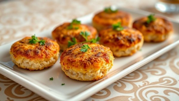 Golden mini crab cakes with sauce and herbs on a plate