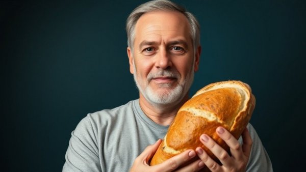 Middle-aged man with bread illustrating dangerous food for the gut.