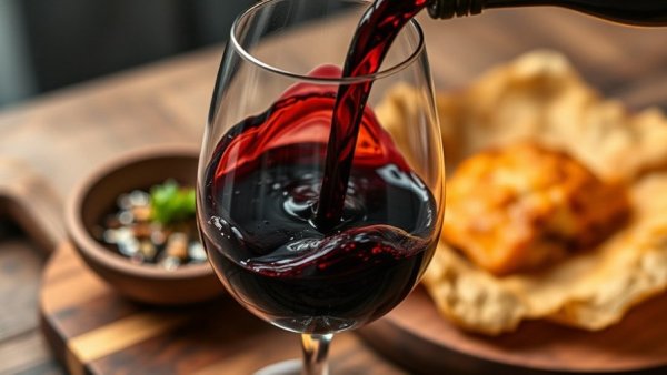 Pouring red wine into glass beside dish, California sober concept