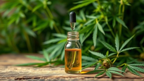 Close-up of hemp oil bottle with lush hemp plants, highlighting new hemp law regulation.