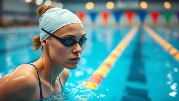 Swimmer preparing for race with focus, Erin Gemmell ankle injury.