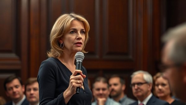 Passionate speaker discussing Epstein survivors justice in a formal setting.