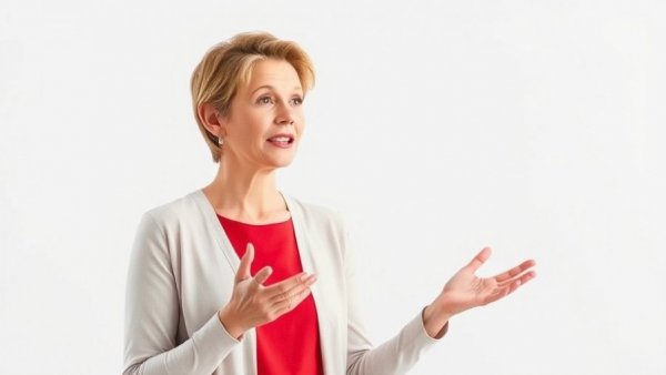 Middle-aged woman explaining mental health techniques on white background.
