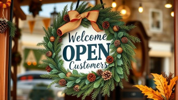 Houston Thanksgiving restaurants open with festive wreath and sign.