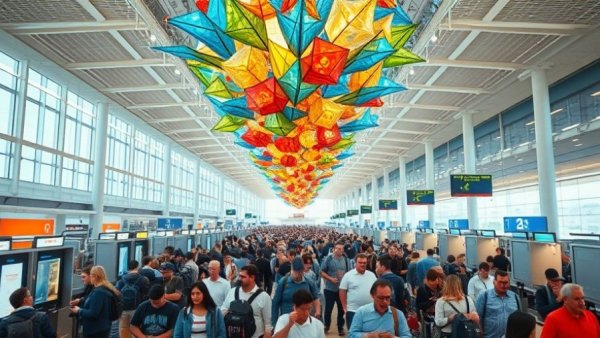 Houston airport busy with holiday travel surge, travelers in queue.
