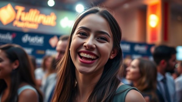 Candid shot of a smiling young woman at an event with branded backdrop.