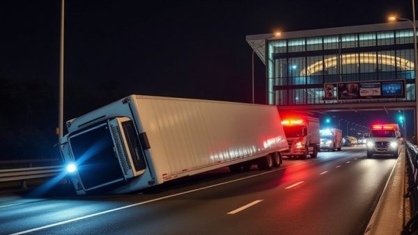 Overturned truck in nighttime San Antonio accident scene.