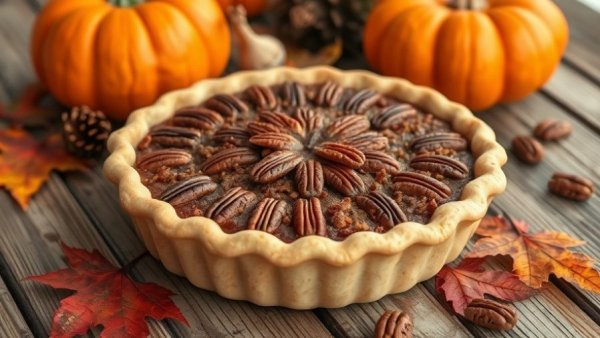 Thanksgiving dinner in San Antonio: pecan pie with autumn decor.