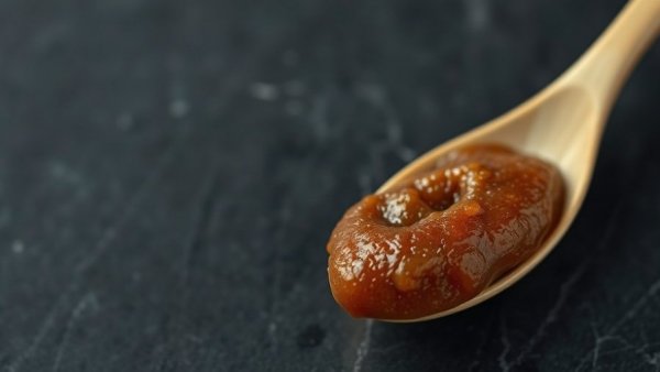 Spoonful of brown miso paste on dark slate, highlighting miso health benefits.