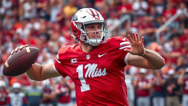 Ole Miss quarterback throwing football in stadium, action shot.