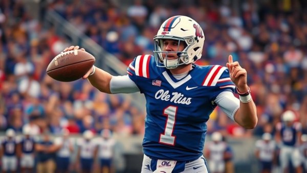 Ole Miss player in action, blue uniform, stadium background.
