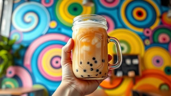 Bubble tea at a colorful mural in gourmet coffee shop North Austin.