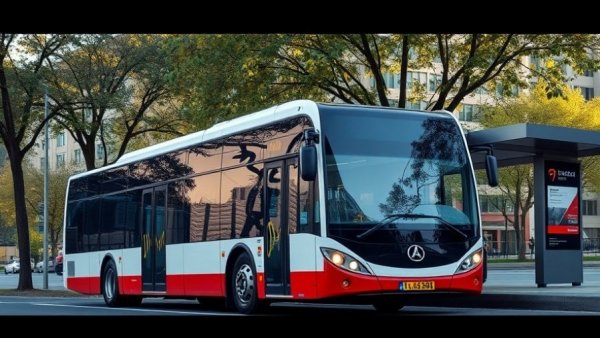 Austin lifestyle: Modern bus at a city stop under trees.