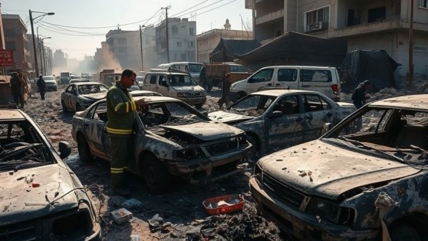 Aftermath of Israeli military strikes, charred cars and debris in urban scene.