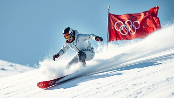 Elite snowboarder in action near Olympic flag, Ryan Wedding drug kingpin manhunt.