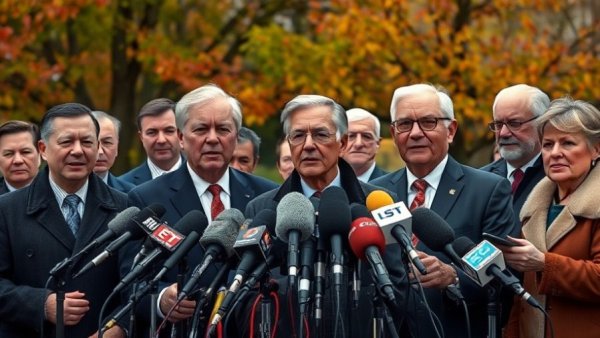 Officials at outdoor press conference with NYPD, autumn setting.