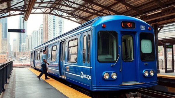 Chicago L train at station platform focusing on public safety.