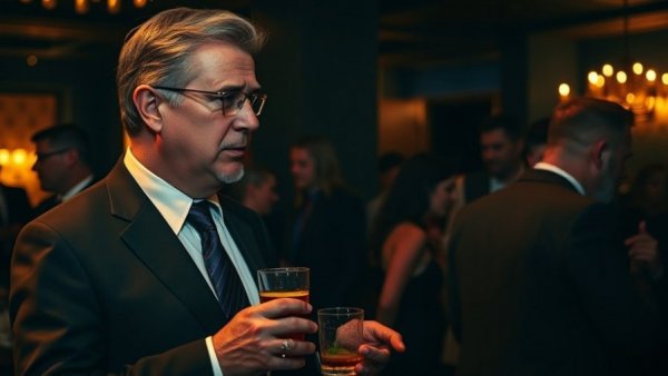 Middle-aged man at social event holding drink discussing George Conway Congressional Run.