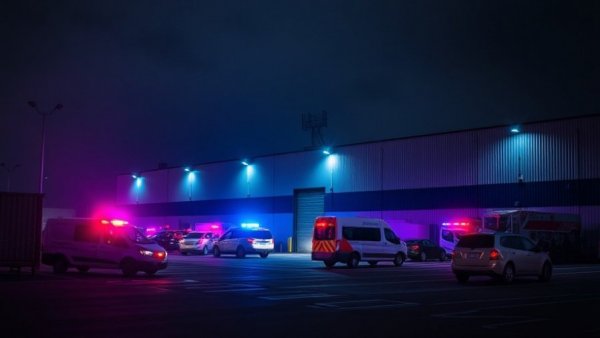 Ohio warehouse shooting scene at night with police lights.