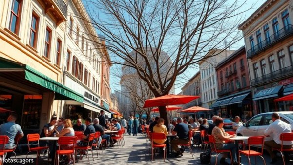 Outdoor cafe in Austin, TX with people dining, sunny day.