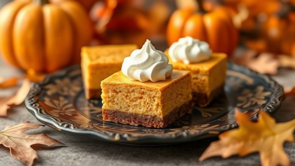Pumpkin cheesecake squares with cream on ornate plate, autumn-themed background.